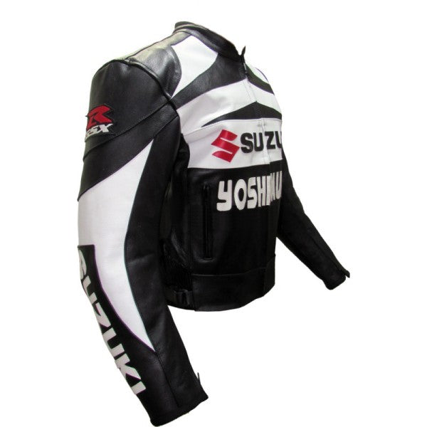 New Men Black and White Suzuki Motorcycle Leather Biker Jacket