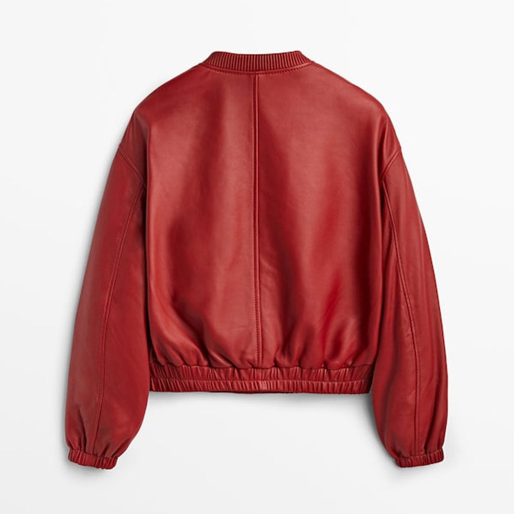 Women Red Button Shearling Leather B3 Bomber Leather jacket