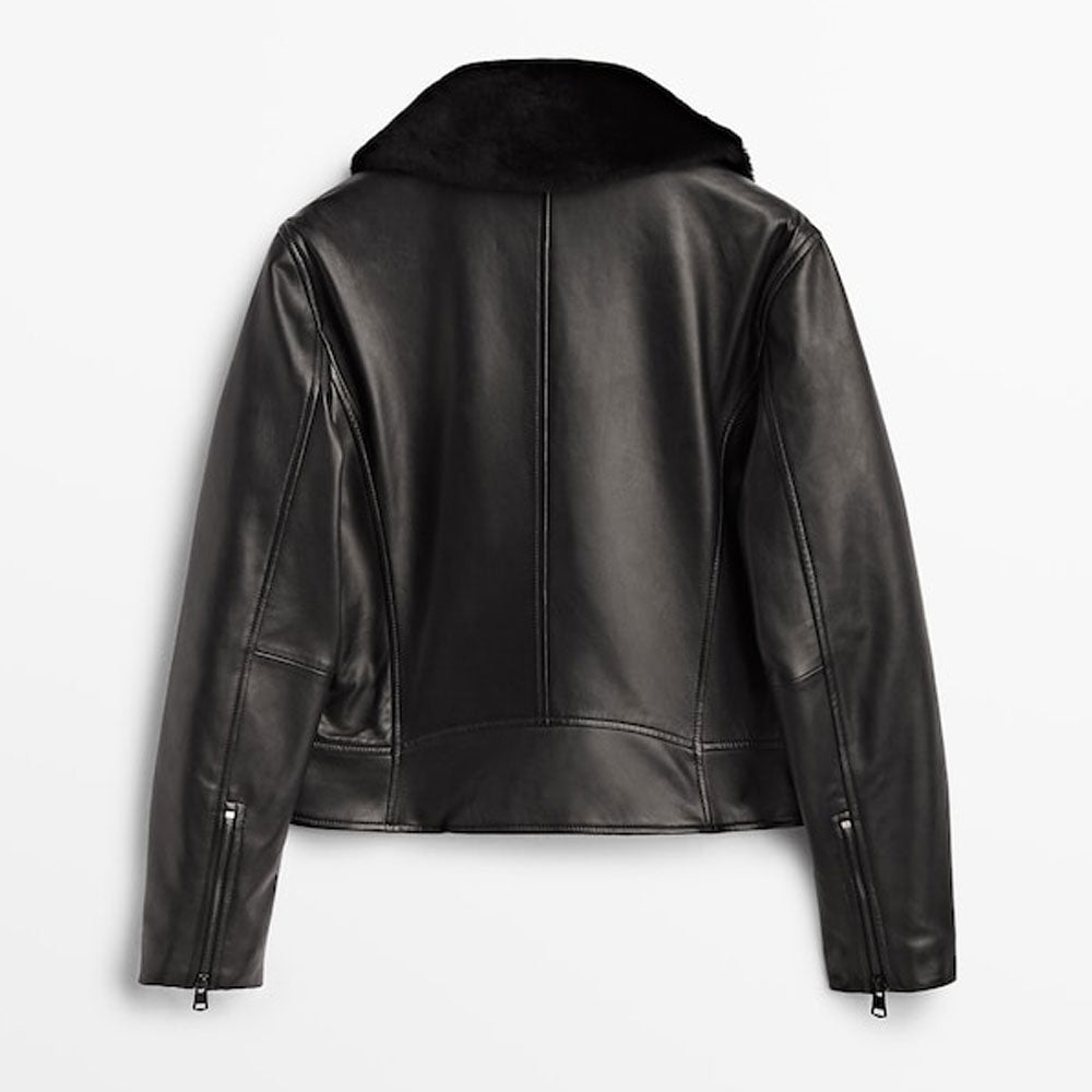 Women's Cowhide Black Motorcycle Leather Sheepskin Biker Jacket