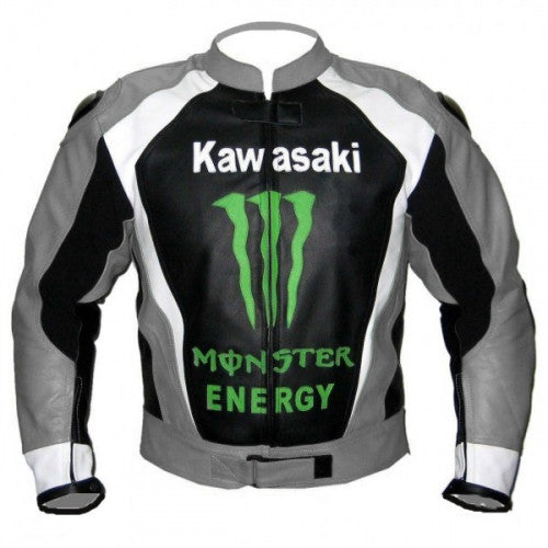 Men New Gray Monster Motorcycle Racing Leather Biker Jacket