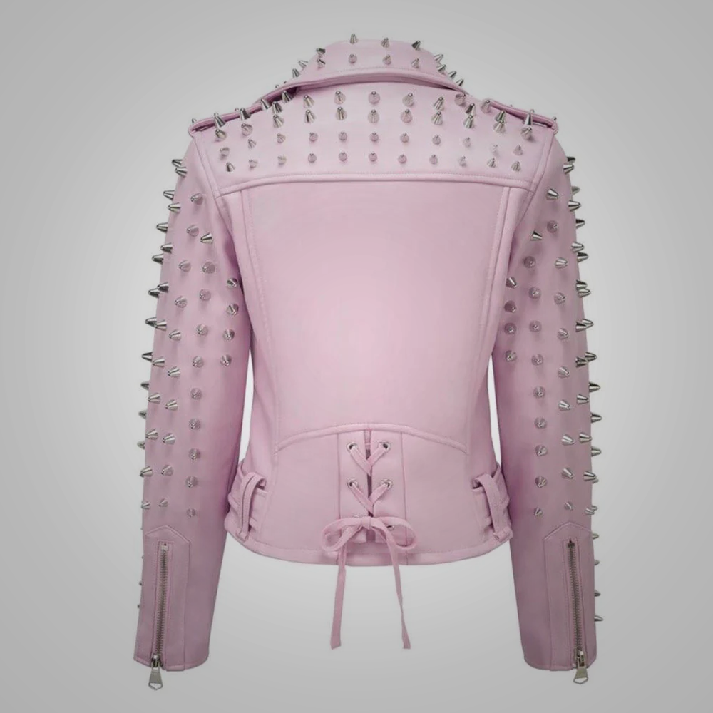 New Women Hot Pink Motorcycle Sheepskin Leather Spiked Studded Jacket