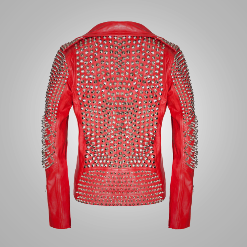 Women Brando Red Leather Motorcycle Studded Style Biker Jacket