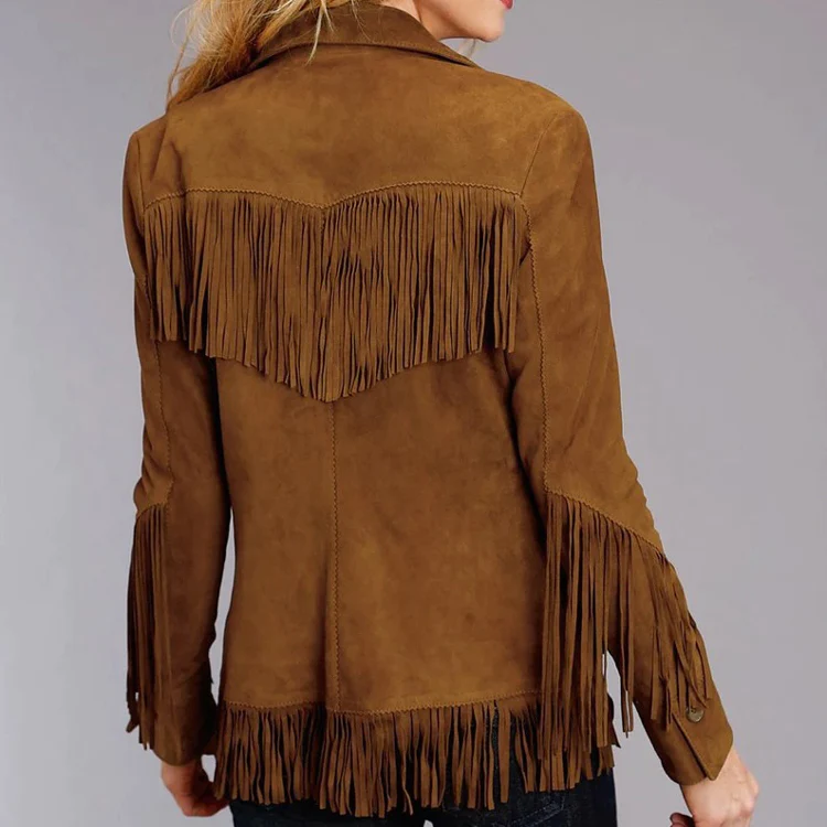 New Women Brown Suede Western Lambskin Leather Fringe Jacket