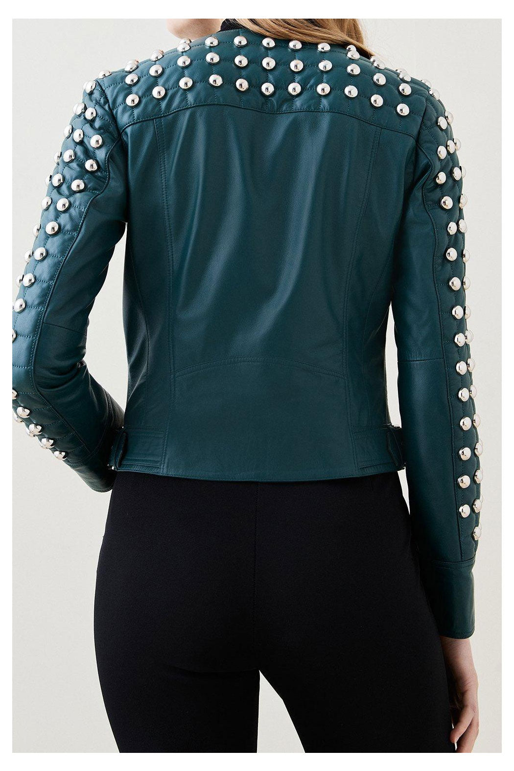 Women Style Silver Spiked Studded Motorcycle Leather Jacket With Chocolat Green