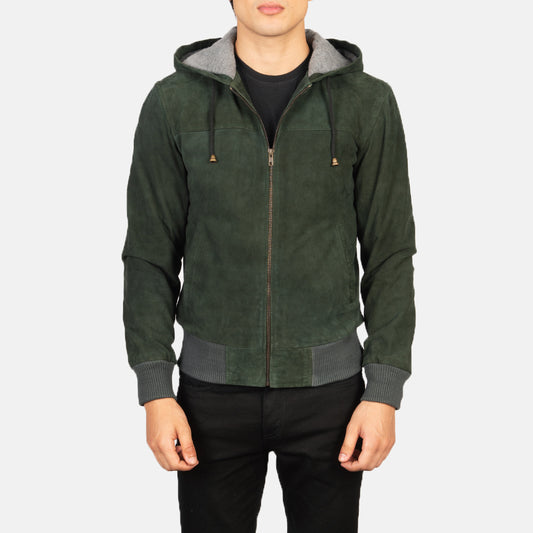 New Green Hooded Suede Lambskin Cowboy Leather Bomber Jacket For Men