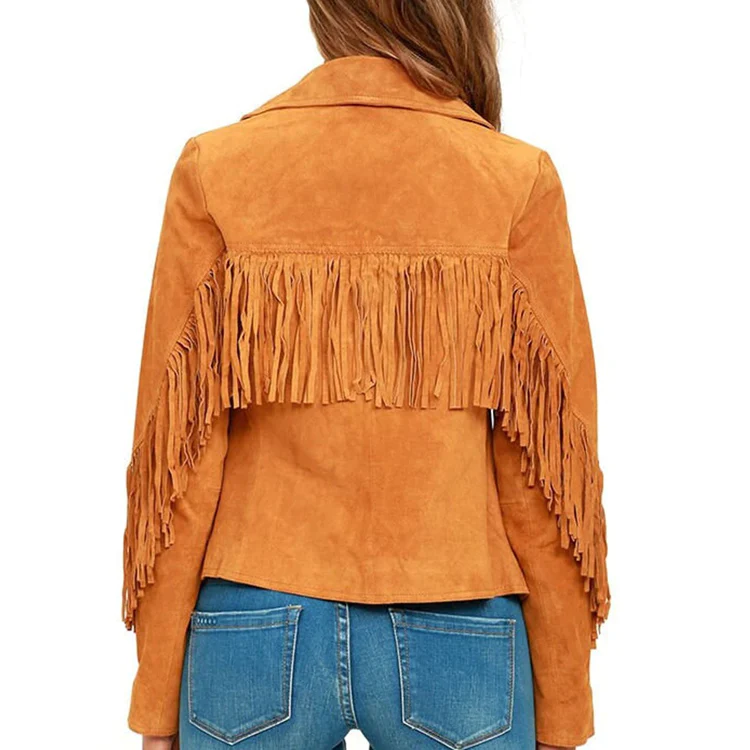 Women's Pure Brown Western Genuine Cowboy Suede Leather Fringed Jacket