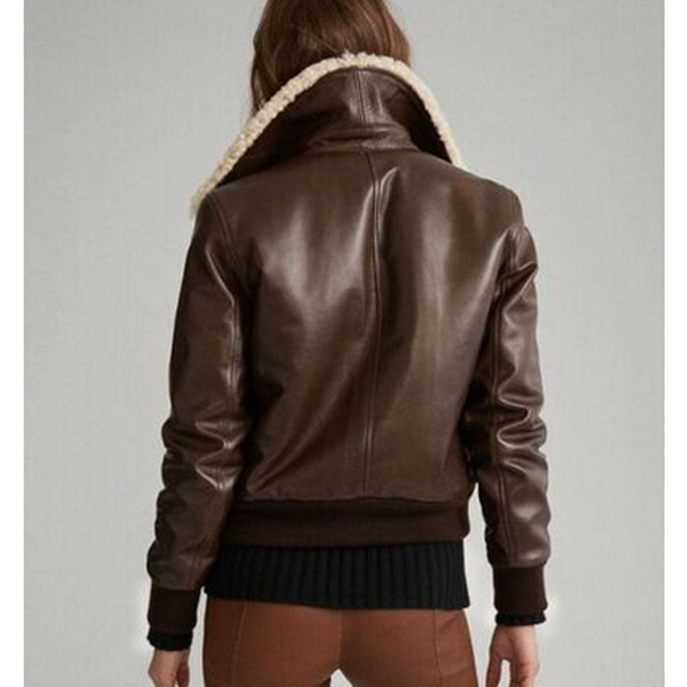 New Brown Cowhide Leather Womens Aviator Shearling Sheepskin Leather Jacket