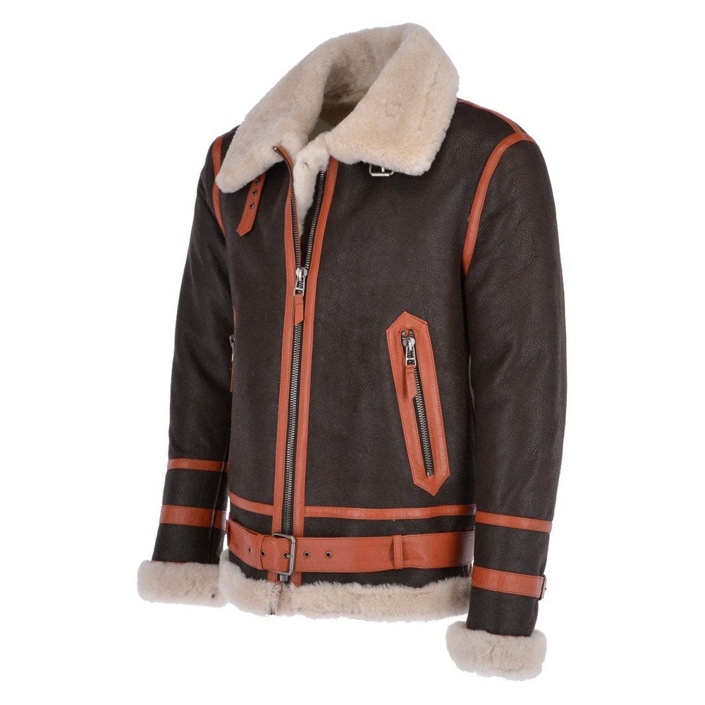 Sheepskin Aviator Flight Fur Orange Brown Leather Jacket