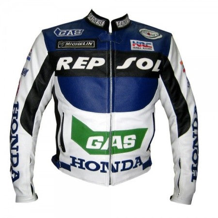 New White and blue Men Honda Repsol GAS Motorcycle Leather Jacket