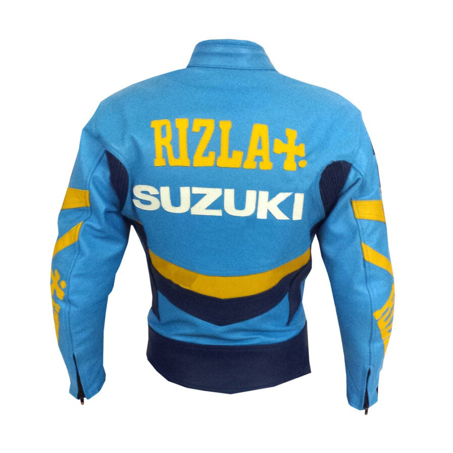 New Men Blue Suzuki Motorbike Rizla Leather Riding Jacket