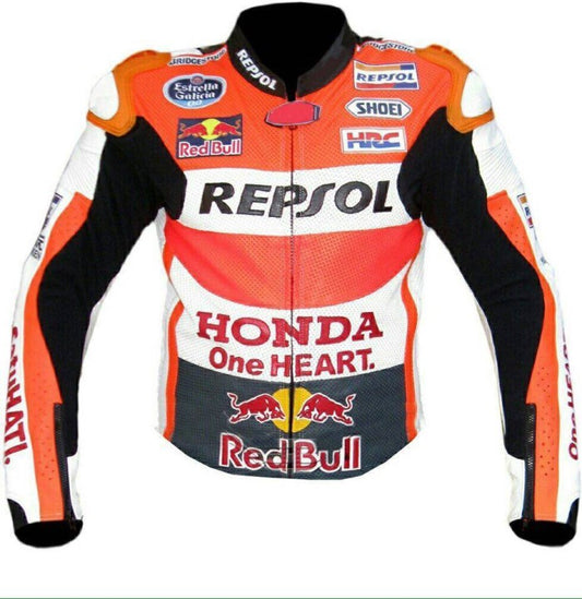 New Men Honda Marquez Marc MotoGP Motorcycle Racing Leather Jacket
