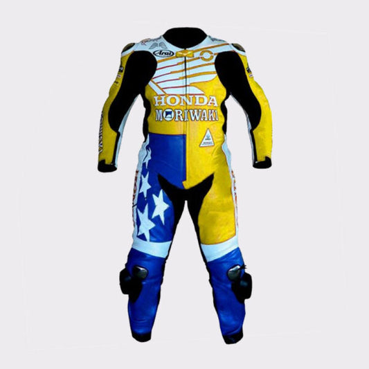 New Yellow MotoGP Honda Moriwaki Motorcycle Leather Biker Suit For Men