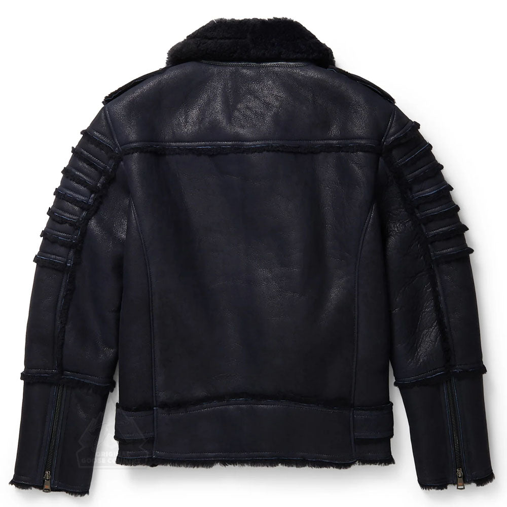 Men's Black Aviator Styled Fur Collar Sheepskin Shearling Leather Jacket