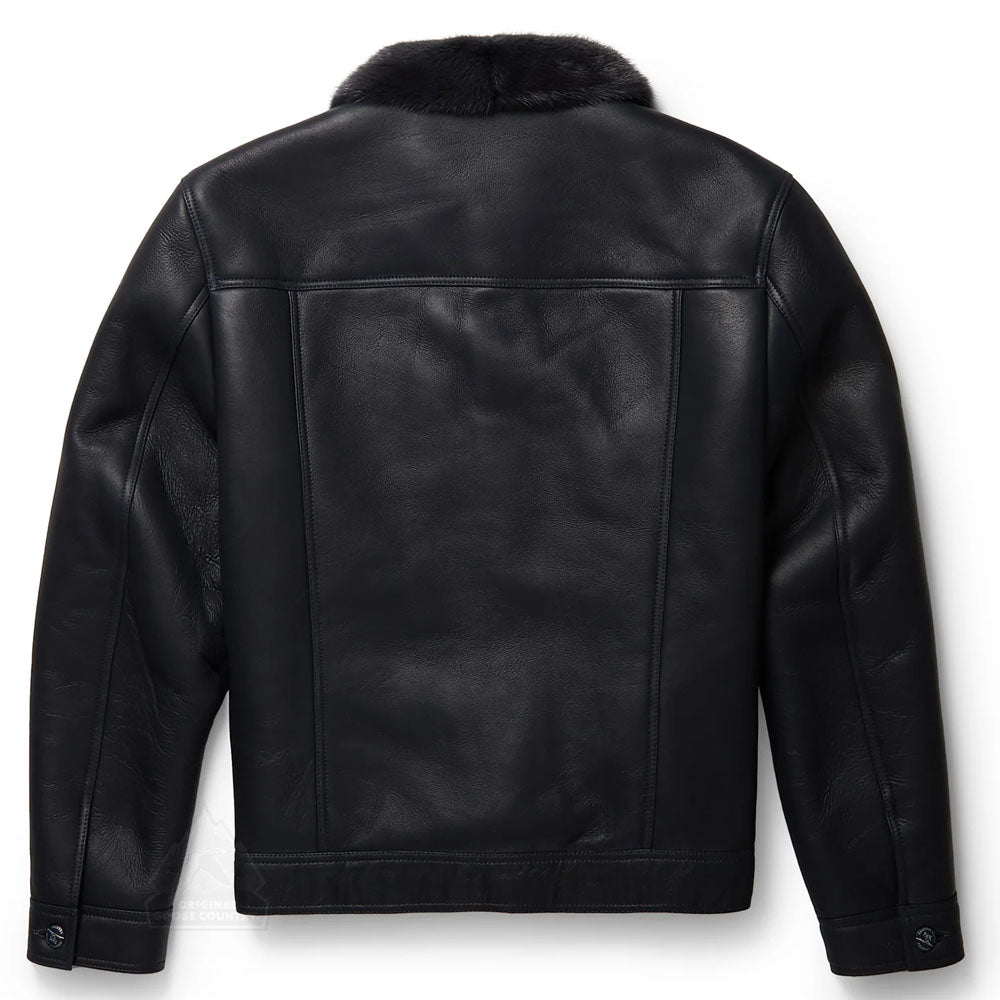 Men Black Aviator B3 Sheepskin Fur Collar Shearling Leather Jacket