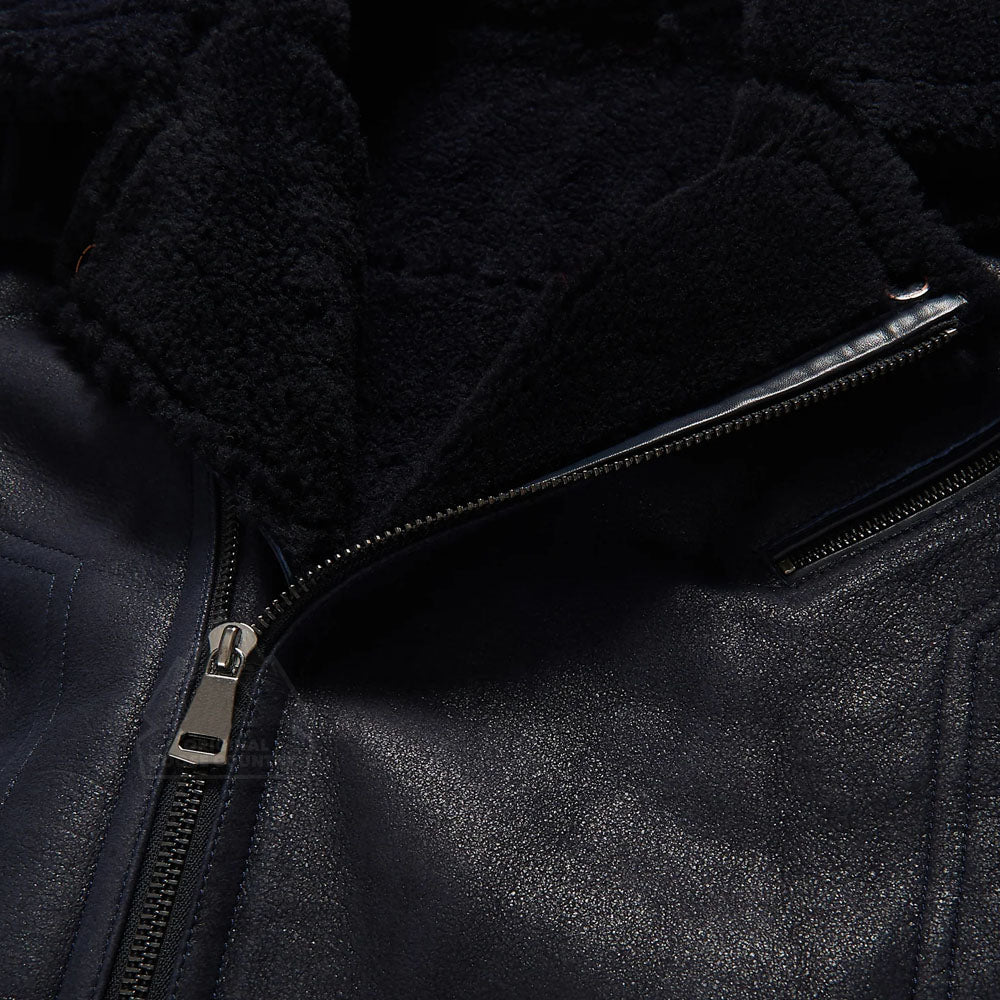 Men's Black Aviator Styled Fur Sheepskin Moto Shearling Leather Jacket