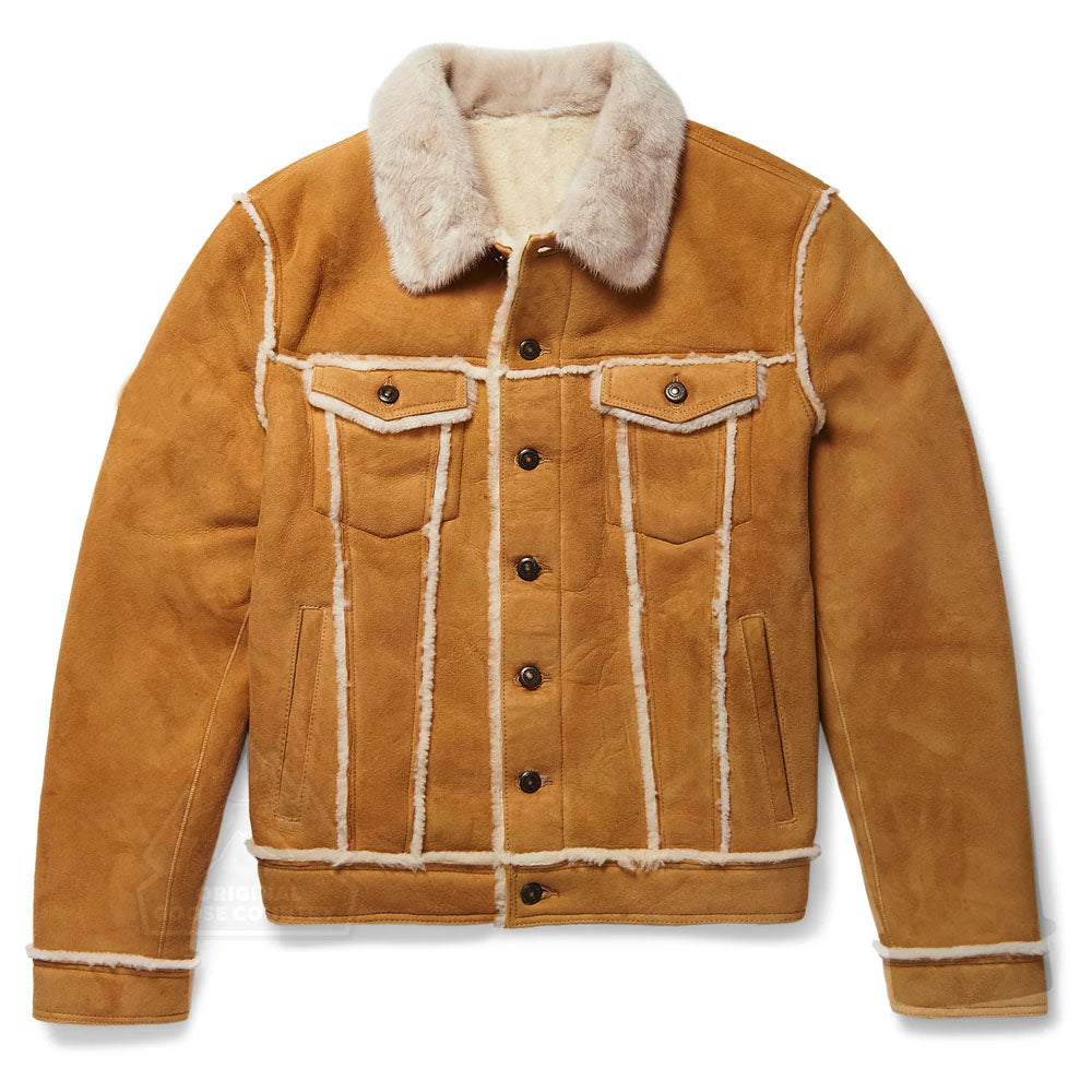 Men Brown Sheepskin B3 Styled Flying Fur Collar Shearling Jacket