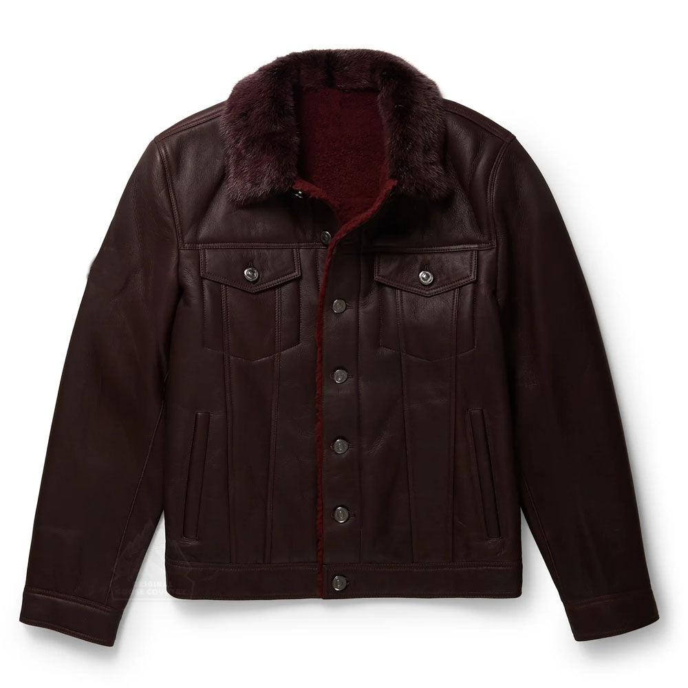 Men Chocolate Brown Trucker Aviator Sheepskin B3 Fur Shearling Leather Jacket