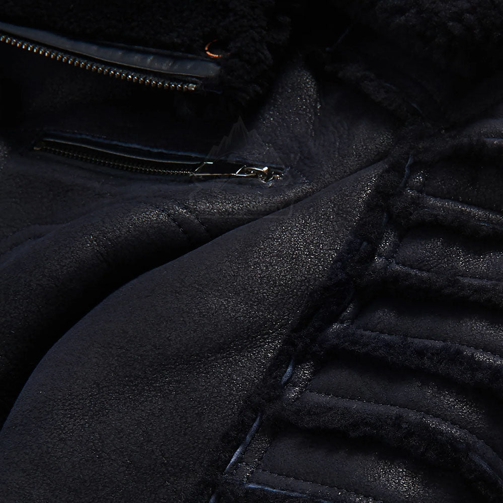 Black Aviator Styled Fur Collar Sheepskin Moto Shearling Leather Jacket