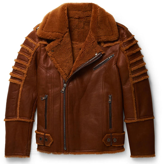 Men Brown Sheepskin B3 Aviator Moto Fur Shearling Leather Jacket