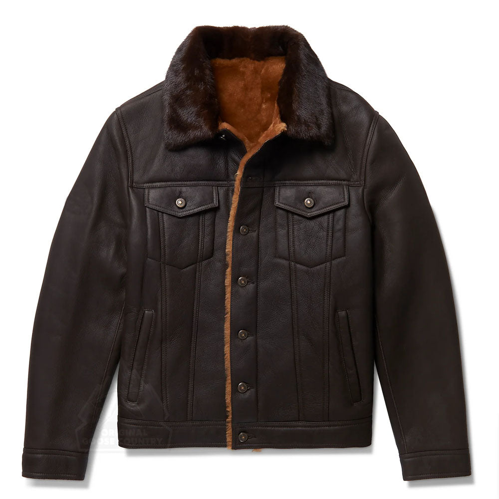 Men Dark Brown Sheepskin Airforce B3 Aviator Fur Collar Leather Jacket