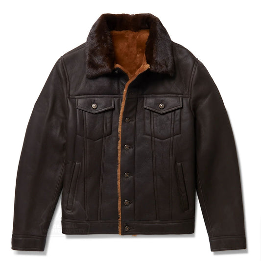 Men Dark Brown Sheepskin Airforce B3 Aviator Fur Collar Leather Jacket