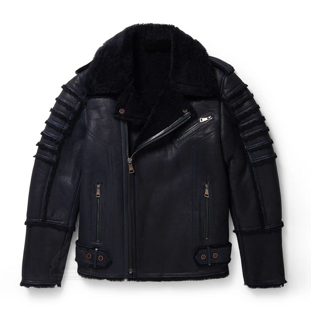 Men's Black Aviator Styled Fur Collar Sheepskin Moto Shearling Leather Jacket