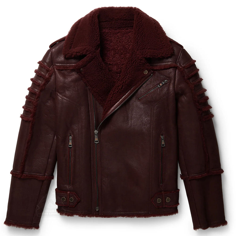 Men Dark Brown Sheepskin B3 Aviator Fur Collar Moto Shearling Leather Jacket