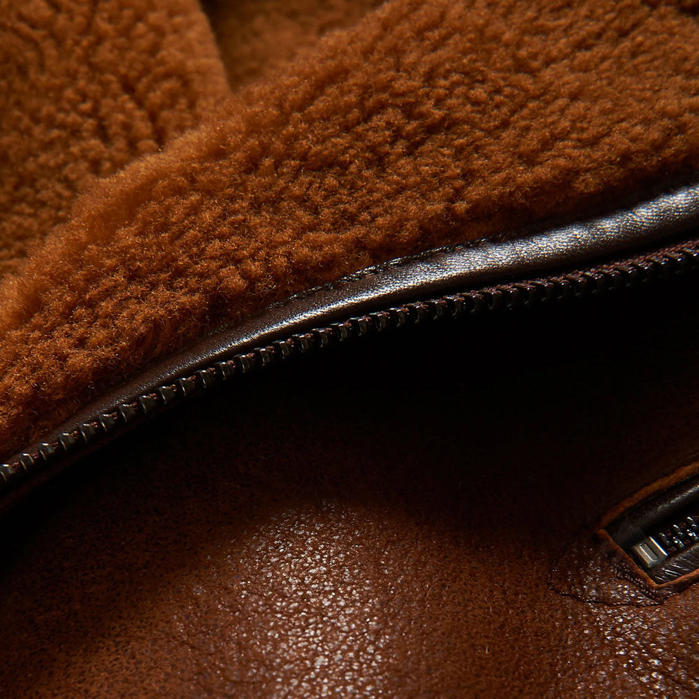 Men Brown Sheepskin Aviator Moto Fur Shearling Leather Jacket