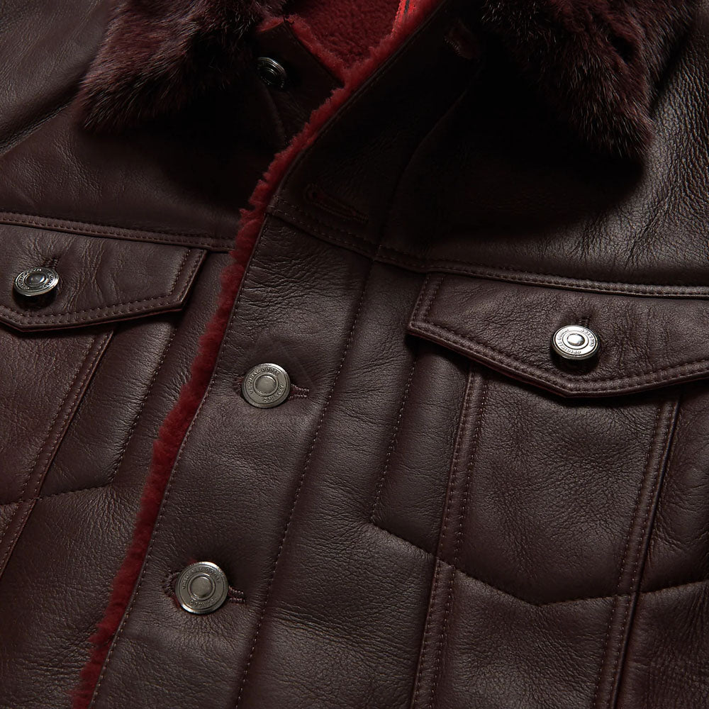 Men Chocolate Brown Trucker Aviator Sheepskin Fur Shearling Leather Jacket