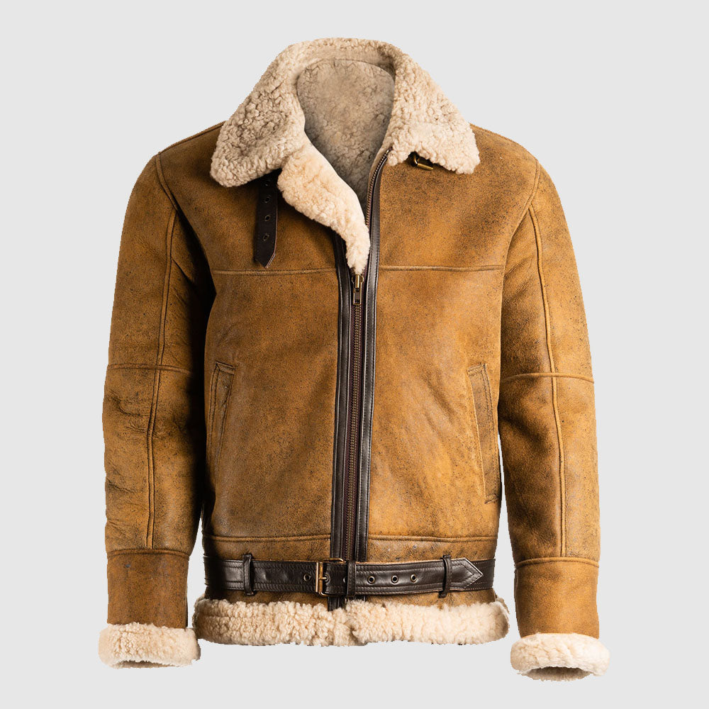 Men B3 Aviator Sheepskin Flight RAF Bomber Brown Leather Jacket