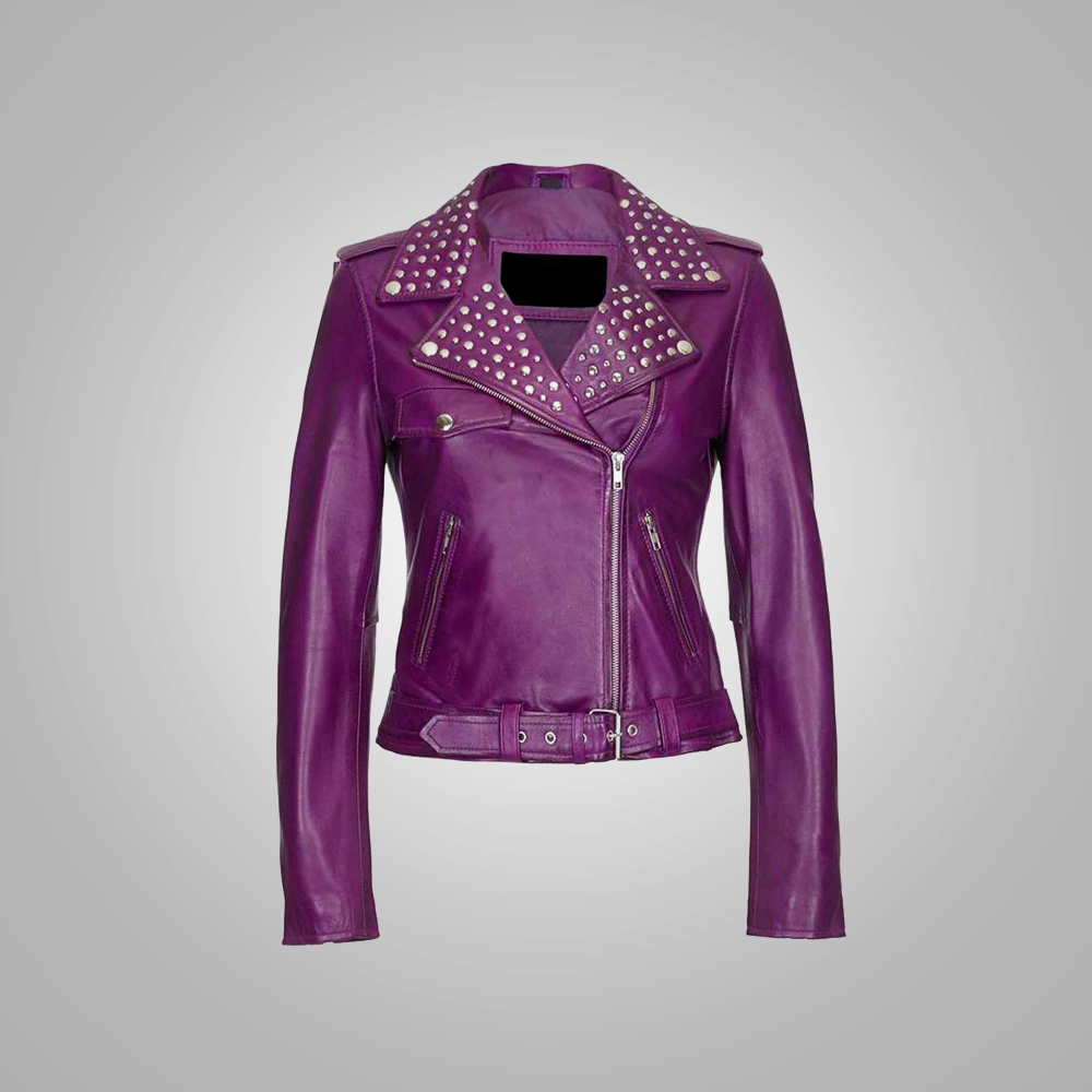 Women Purple Motorcycle Leather Spiked Studded Biker Fashion Leather Jacket