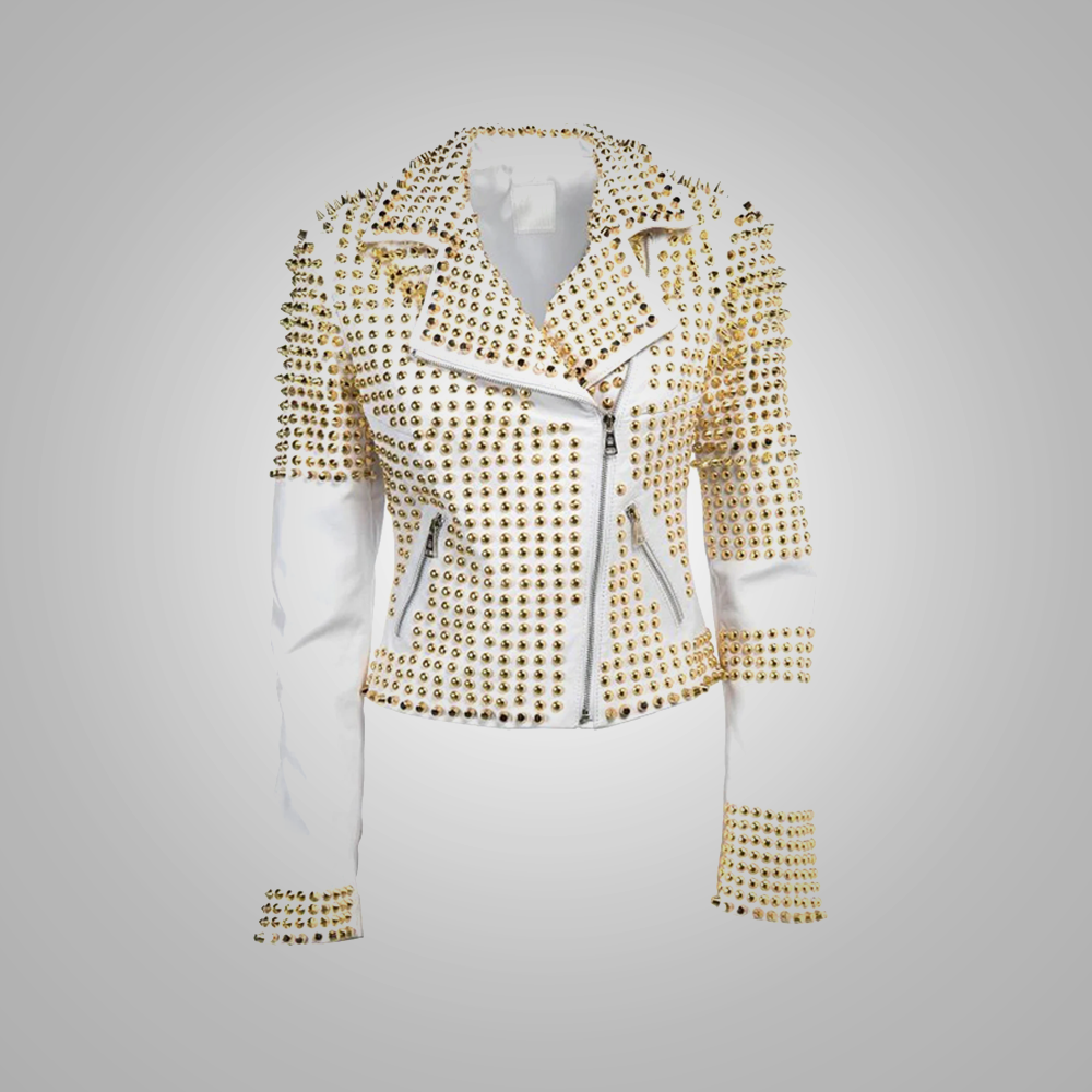New Women Sheepskin Leather Golden Spiked Studded White Leather Jacket
