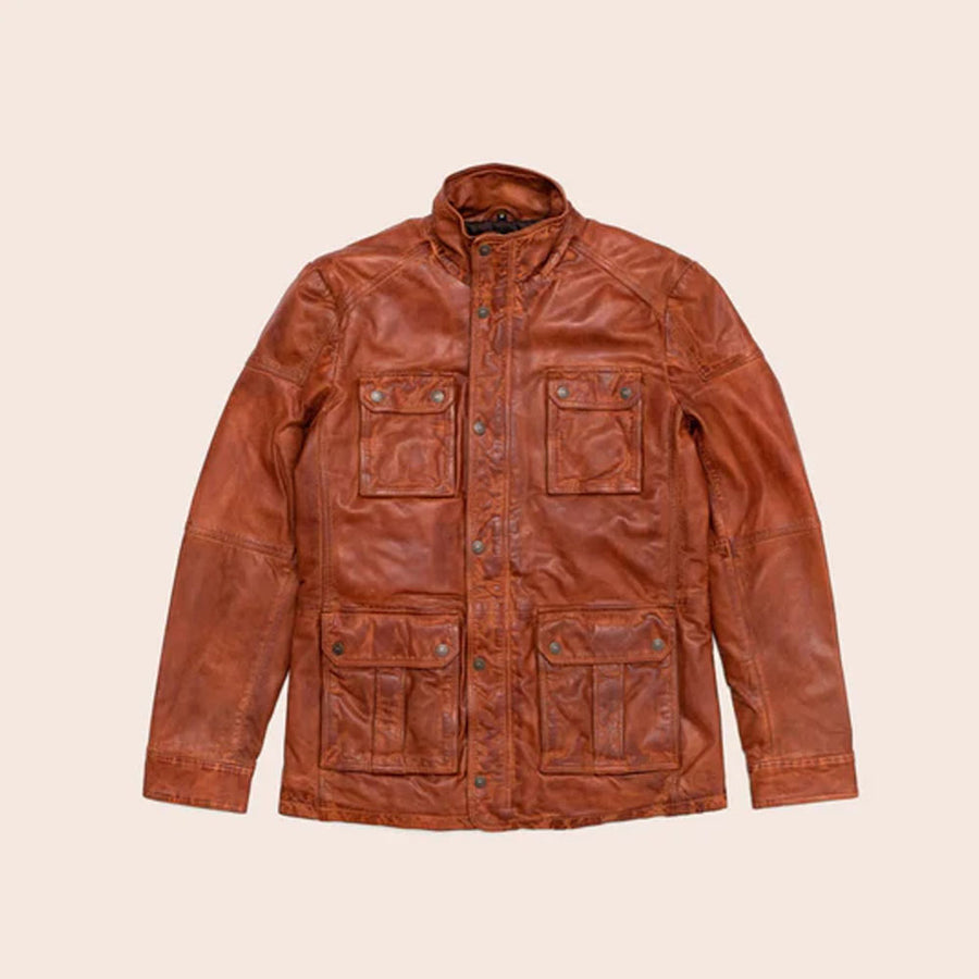 Men's brown lambskin leather field jacket with practical multi-pocket design