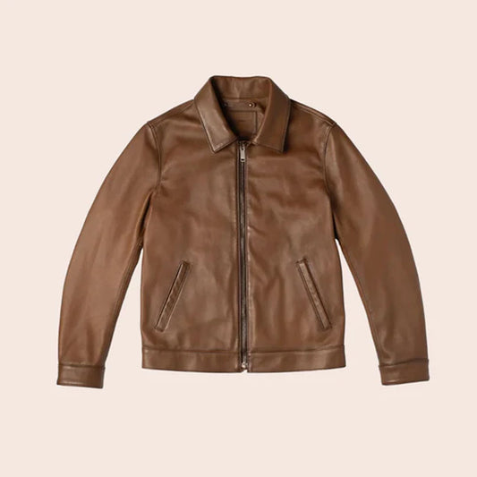 Men's Brown Point Collar Sheepskin Leather Jacket