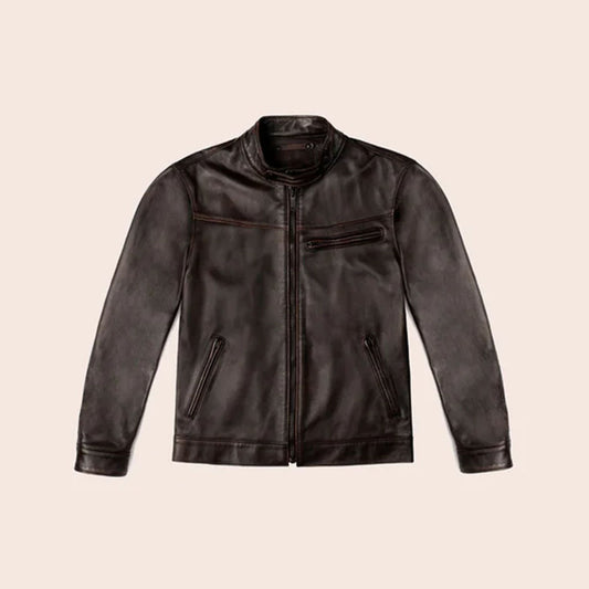 Brown Cafe Men Goatskin Motorbike Leather Jacket