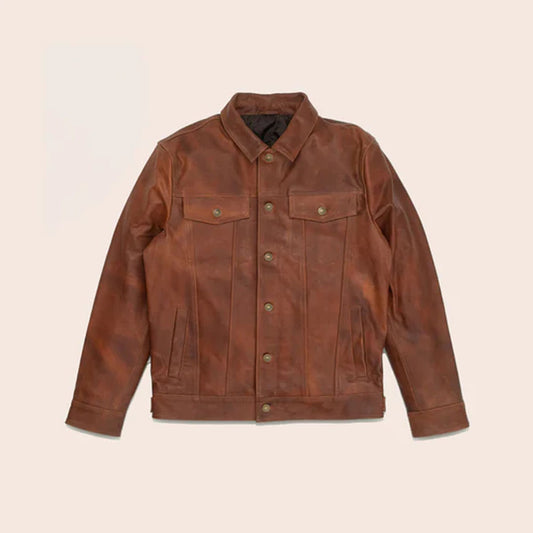 Men's Brown Plain Trucker Goatskin Leather Jacket