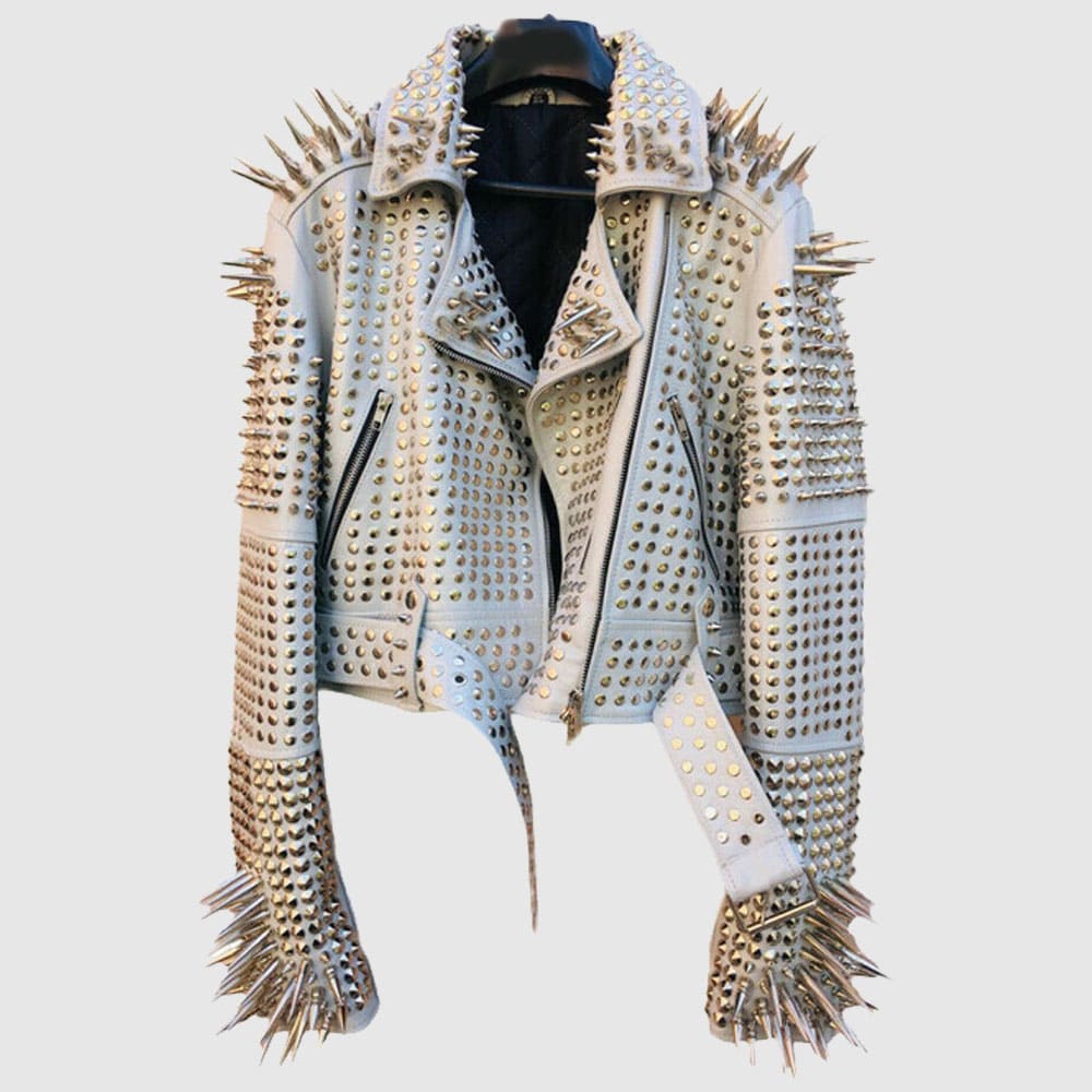 New White Color Brando Metal Spiked Leather Studs Jacket for Women