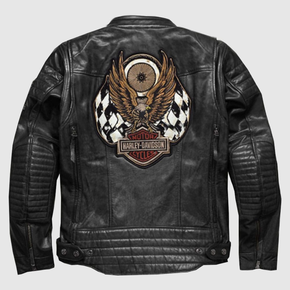 New Men Embroidery Natural Harley Davidson Leather Biker Jacket