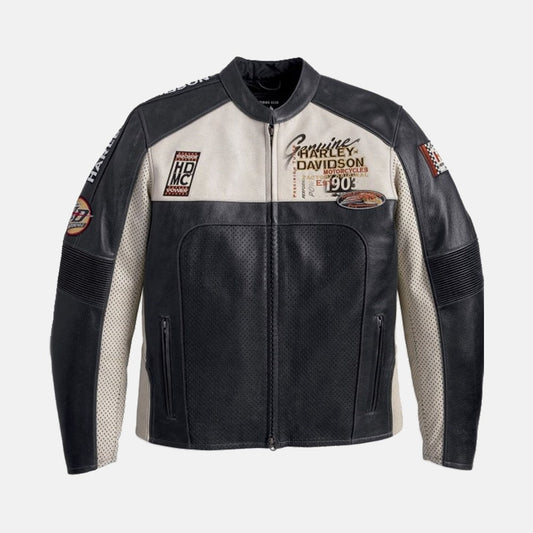 New Men Regulator Perforated Black and Cream Harley Davidson Motorbiker Leather Jacket
