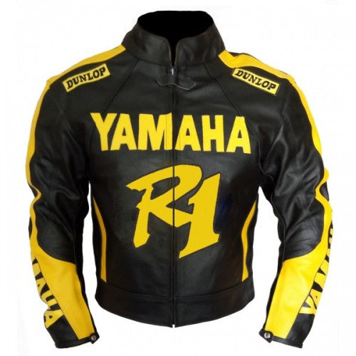 New Yamaha Motorcycle Men's Black Yellow Leather Biker Jacket