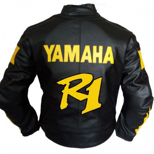 New Yamaha Motorcycle Men's Black Yellow Leather Biker Jacket