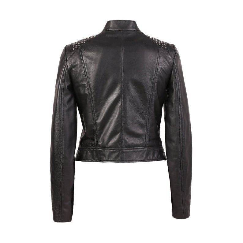 Women High Fashion Genuine Leather Studded Motorcycle Leather Jacket