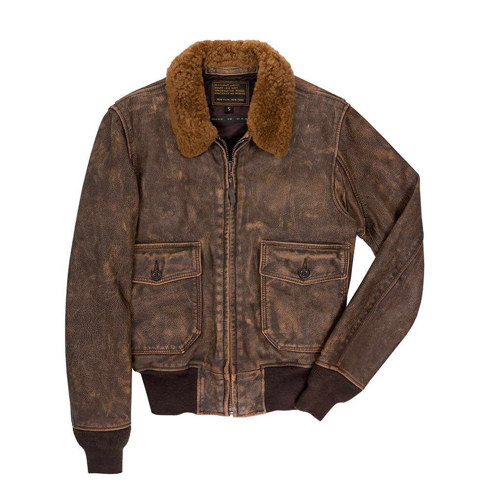 Men Brown Pilot Military G-1 Airforce Fur Collar Bomber Leather Jacket