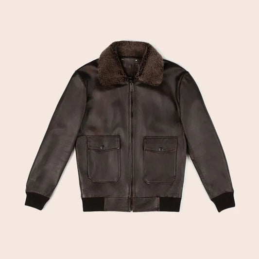 Men's Brown Flight Military G-1 Aviator Pilot Bomber Leather Jacket