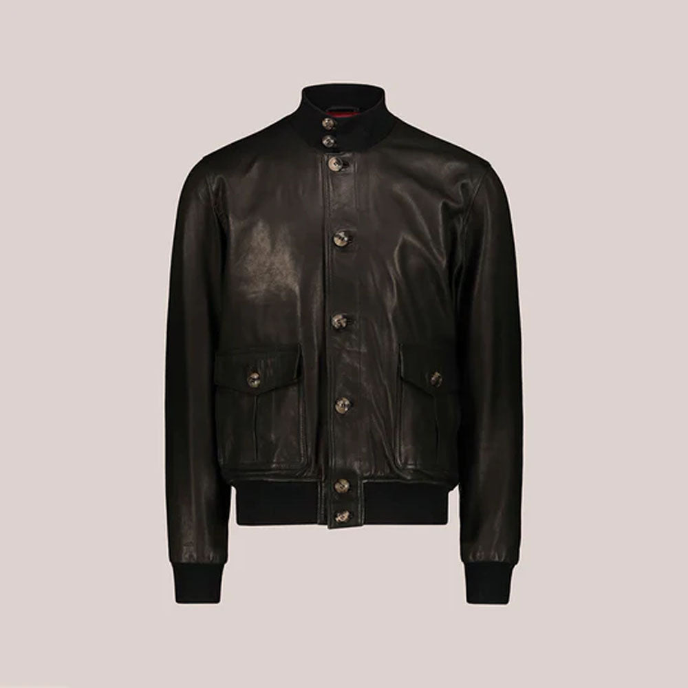Men's Plain Black Flying Military Lambskin A-1 Flight Bomber Leather Jacket