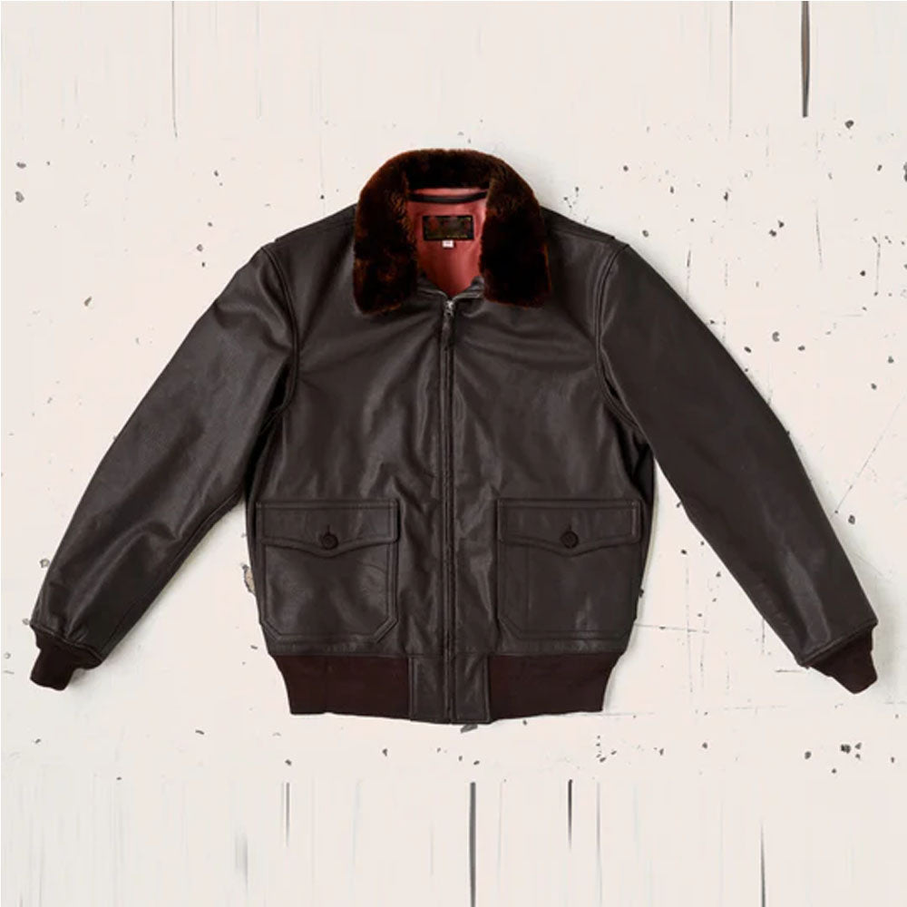 Men Military Fur Collar G-2 Pilot Aviator Flying Brown Bomber Flight Leather Jacket