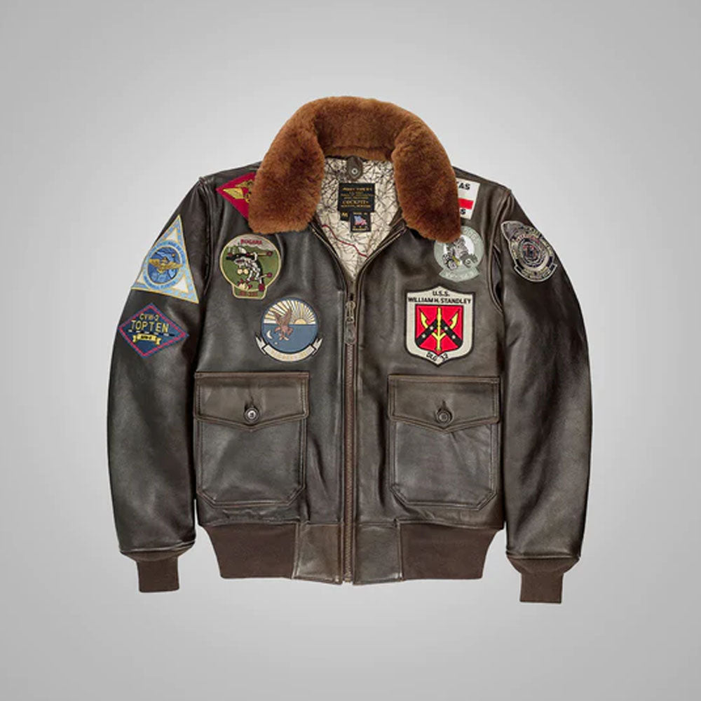 Men's Aviator Military Patches RAF Pilot Flying Brown Flight Bomber Leather Jacket