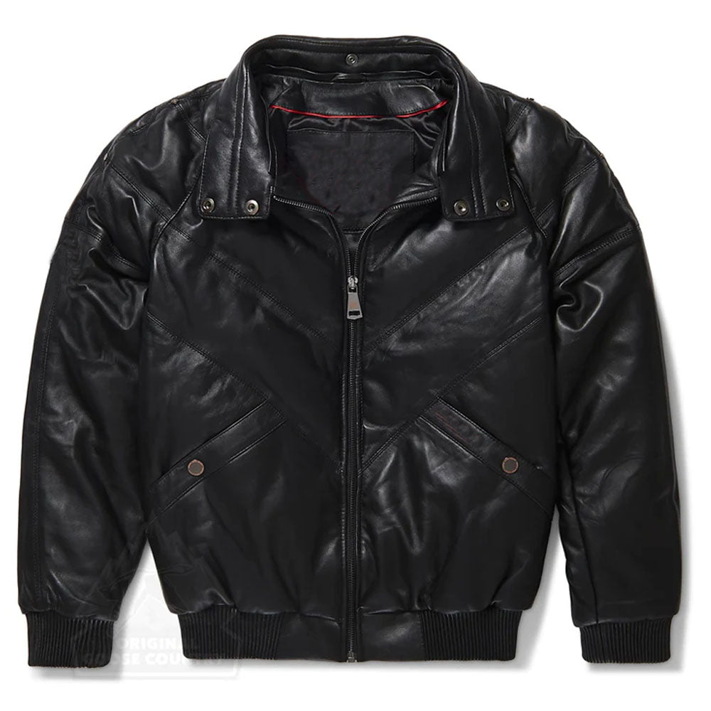Men Removable Collar Sheepskin V-Bomber Leather Jacket