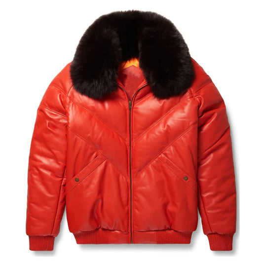 Orange Leather Men Sheepskin V-Bomber Bubble Jacket