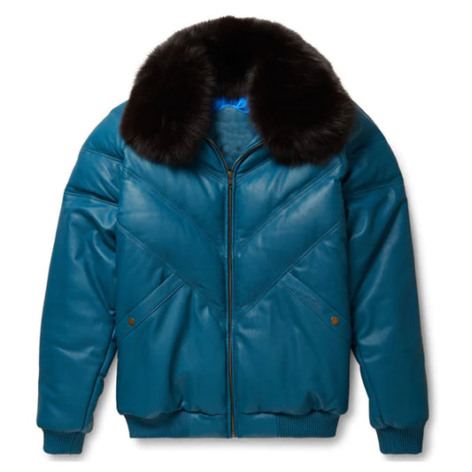 Men Teal Bubble Shearling Collar V-Bomber Leather Jacket